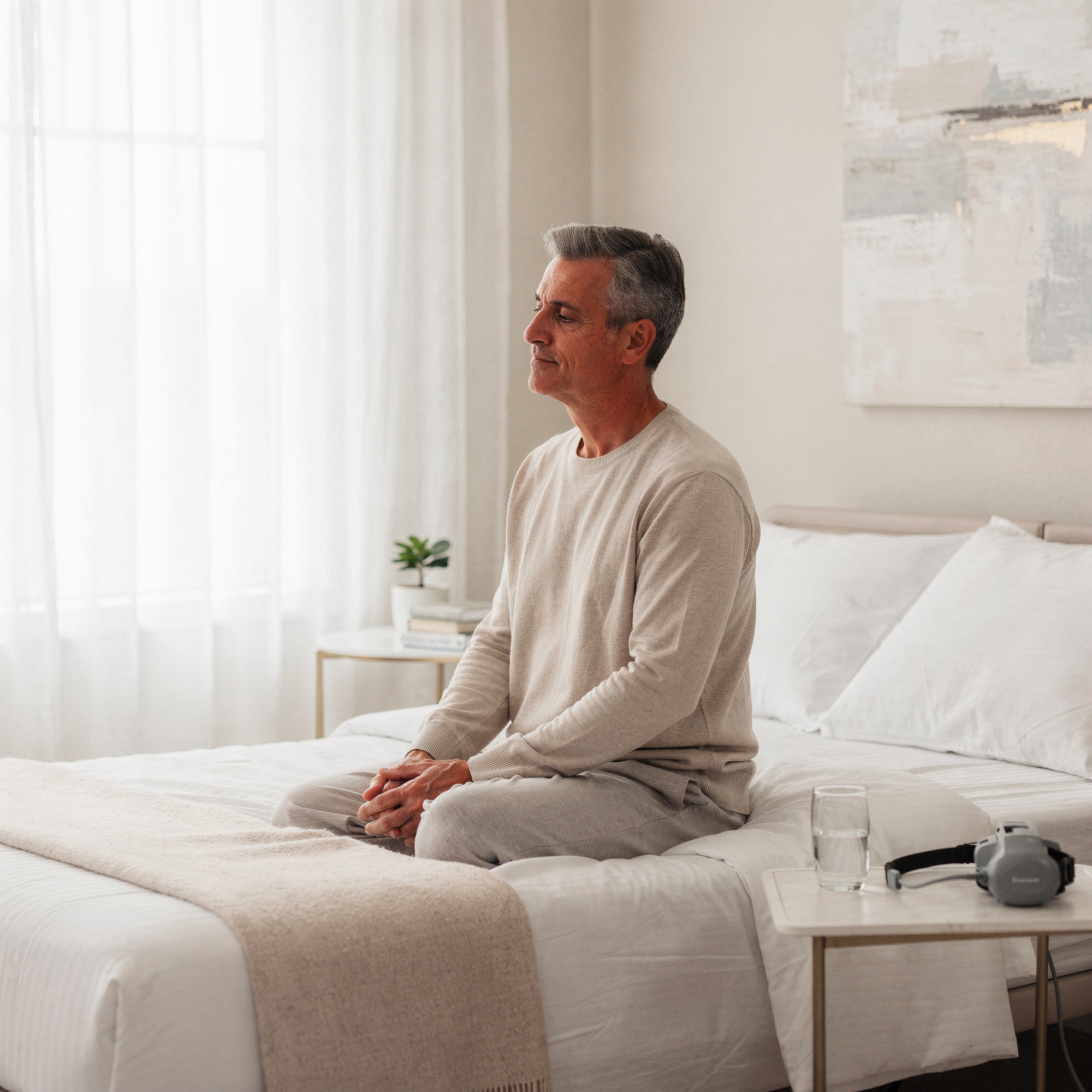 Man sitting on bed with CPAP mask on nightstand, illustrating sleep apnea treatment at home